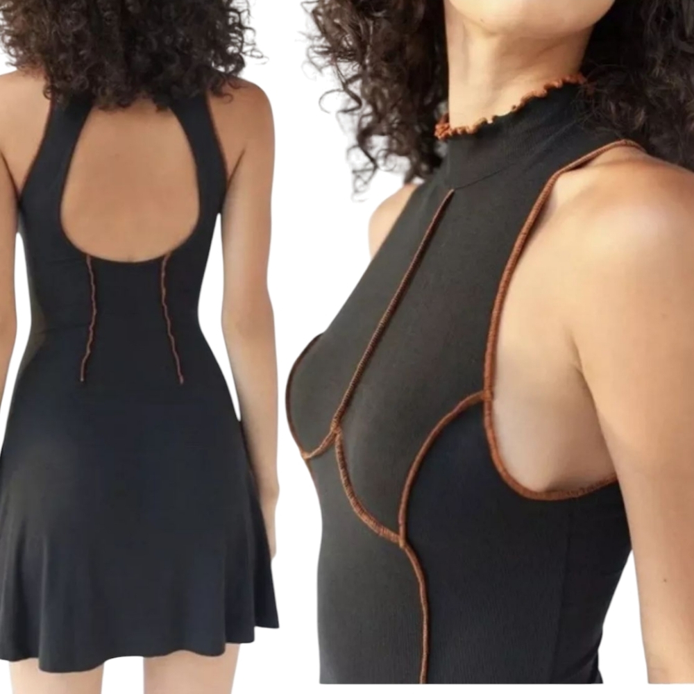 UO Black rib knit spliced fit and flare dress size M